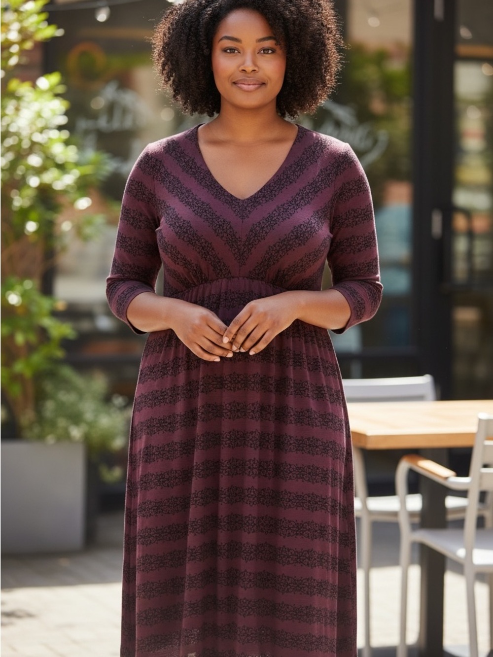 Soma Burgundy and Black Striped V‑Neck Maxi Dress
